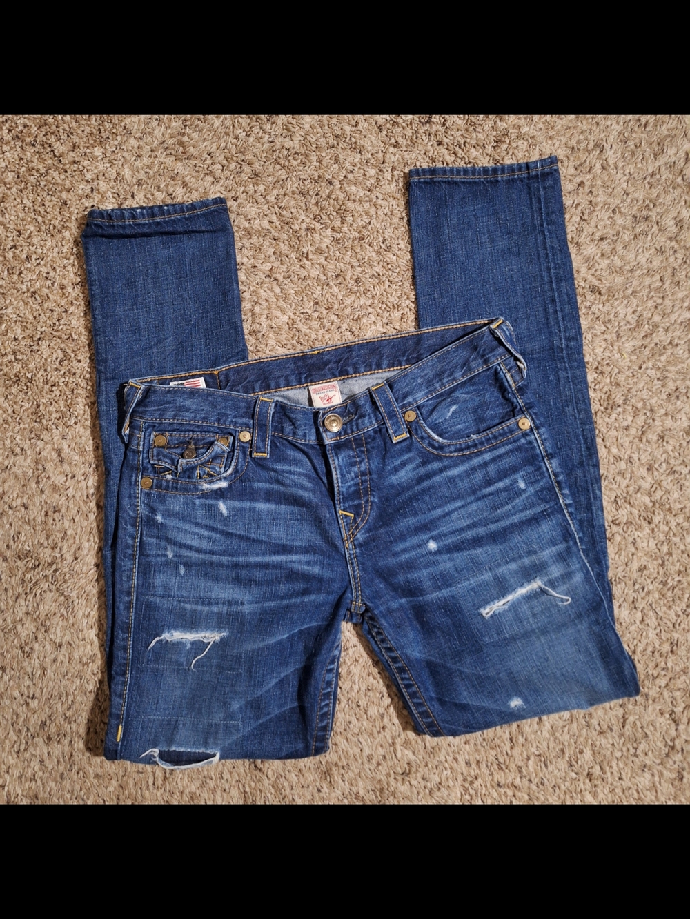 True Religion Cameron Distressed Slim Boyfriend Straight Jeans - Size 27